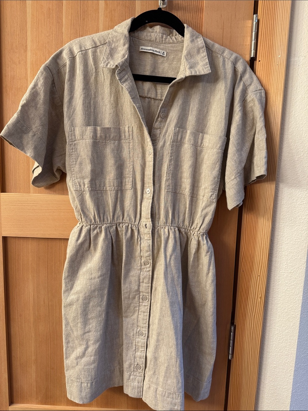 Abercrombie & Fitch Button-Front Short Sleeve Shirt Dress — Beige